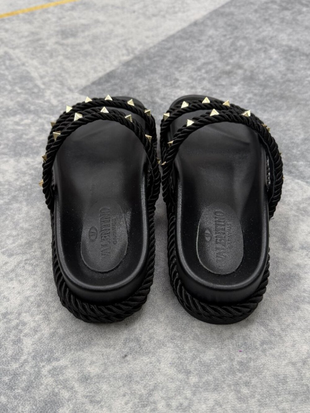 Women's Black Studded Slide Sandals, Gold Pyramid Stud Flat Sandals - Picture 6 of 11
